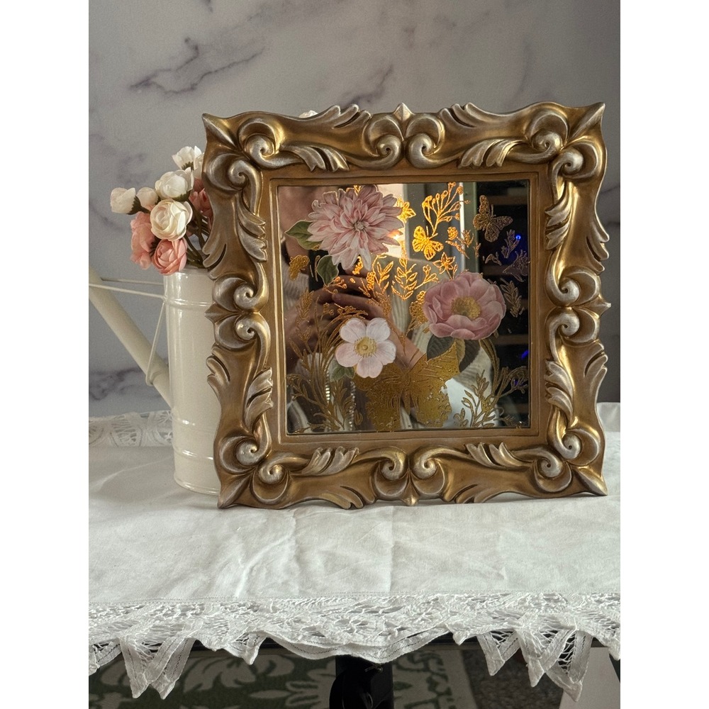 Vintage Ornate Gold Frame Floral Mirror Art Pink Flowers Butterflies 11x11 in